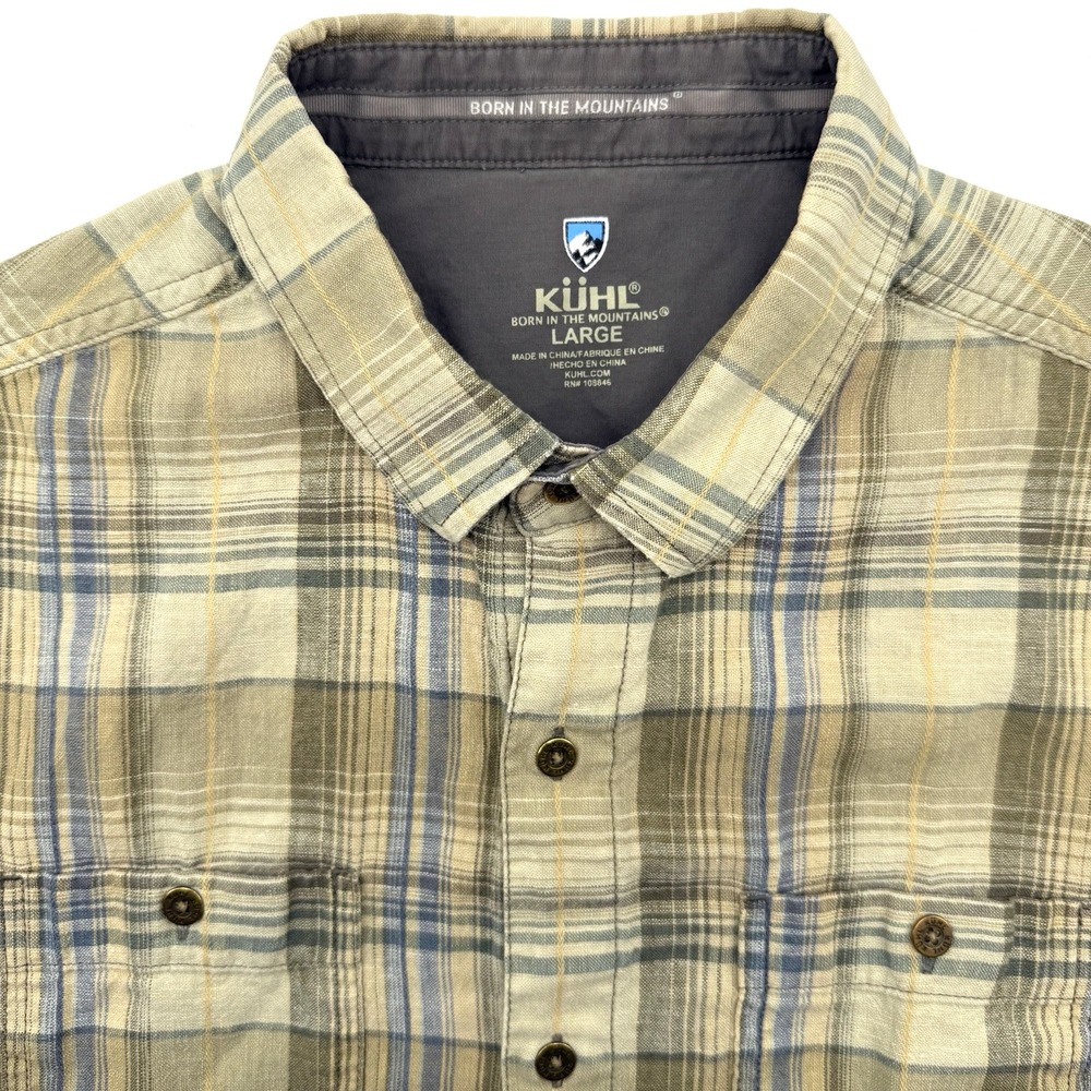 KUHL Shirt Mens Large Tan Blue Plaid Short Sleeve Button Up Hiking Outdoor